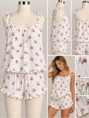 Joyspun Floral Pajama Set Women’s S 4-6 Cami Tank Top Shorts Pink White Ruffle